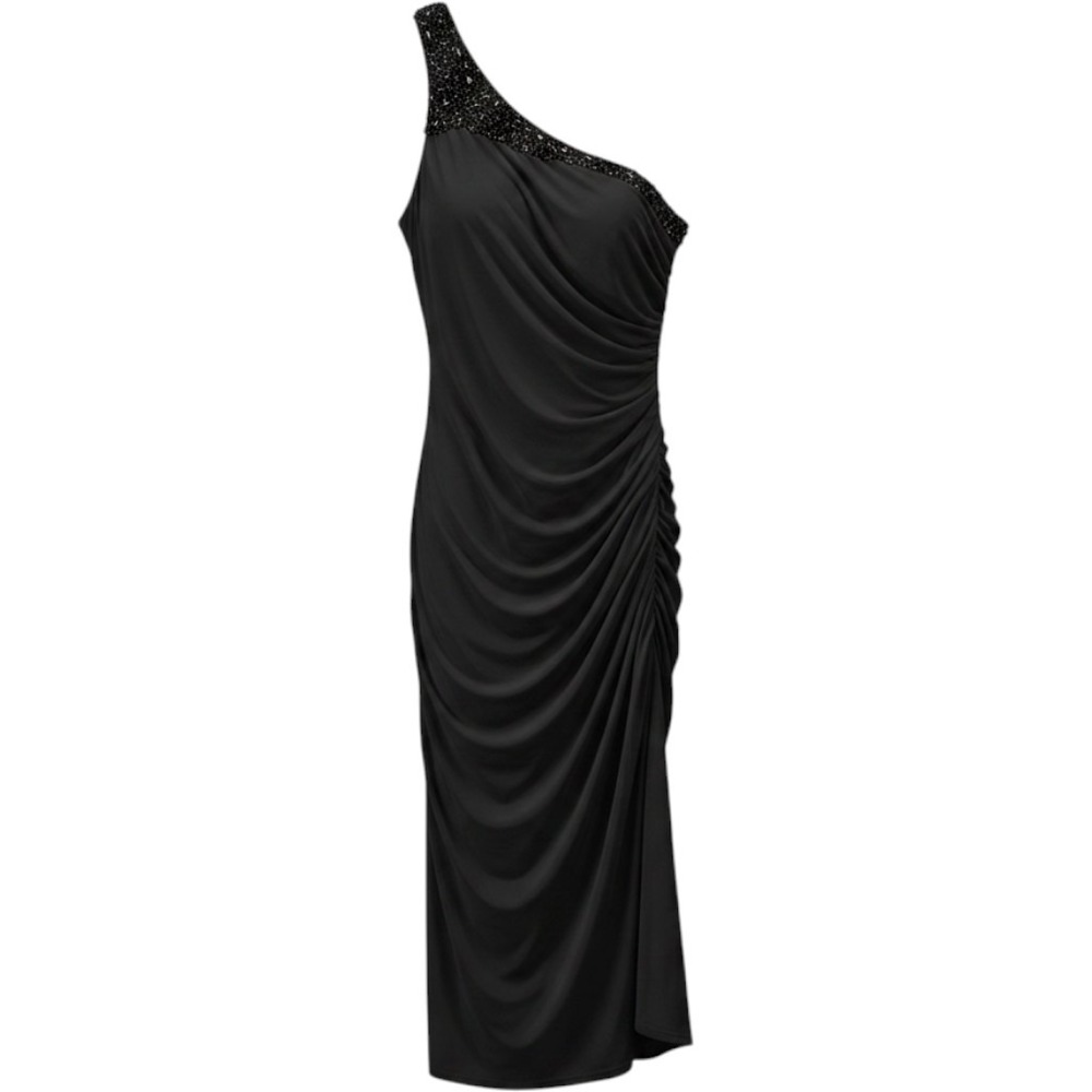 JS Boutique Cocktail Dress Womens 6 Black One Shoulder Beaded Ruched Mini Lbd